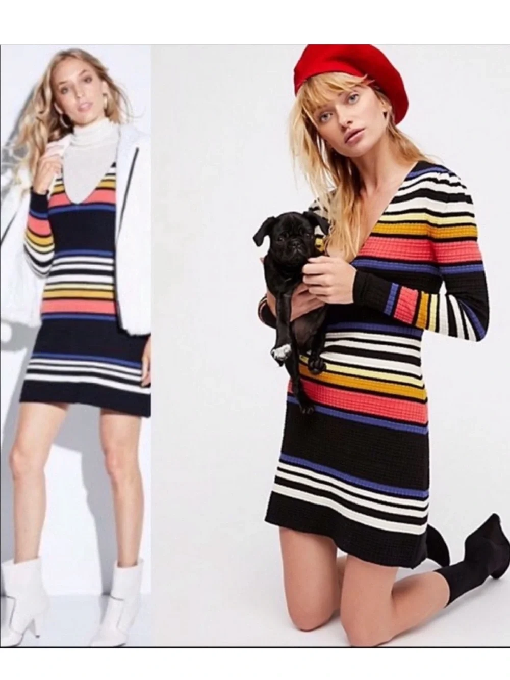 Free People Gidget Striped V-Neck Knit Dress in Multi-Color Size M